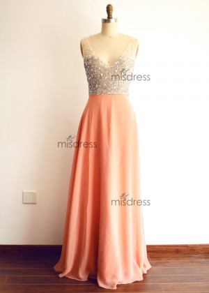 Coral Beaded Chiffon Long Prom Dress
